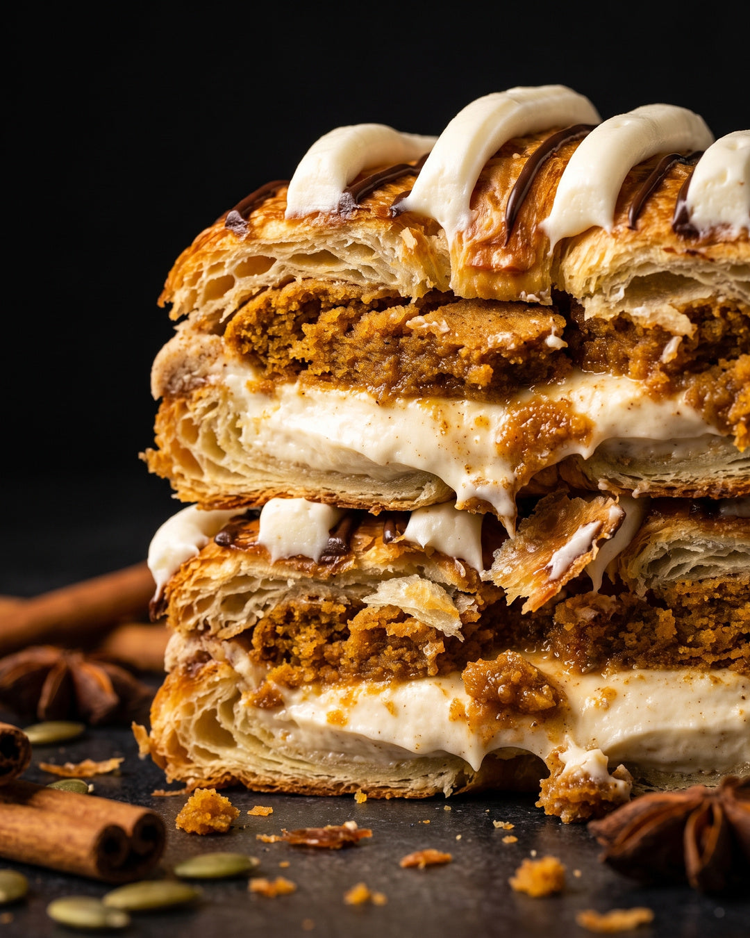 Pumpkin Spice Crookie torn open to show the pumpkin and cheesecake layers inside a flaky croissant