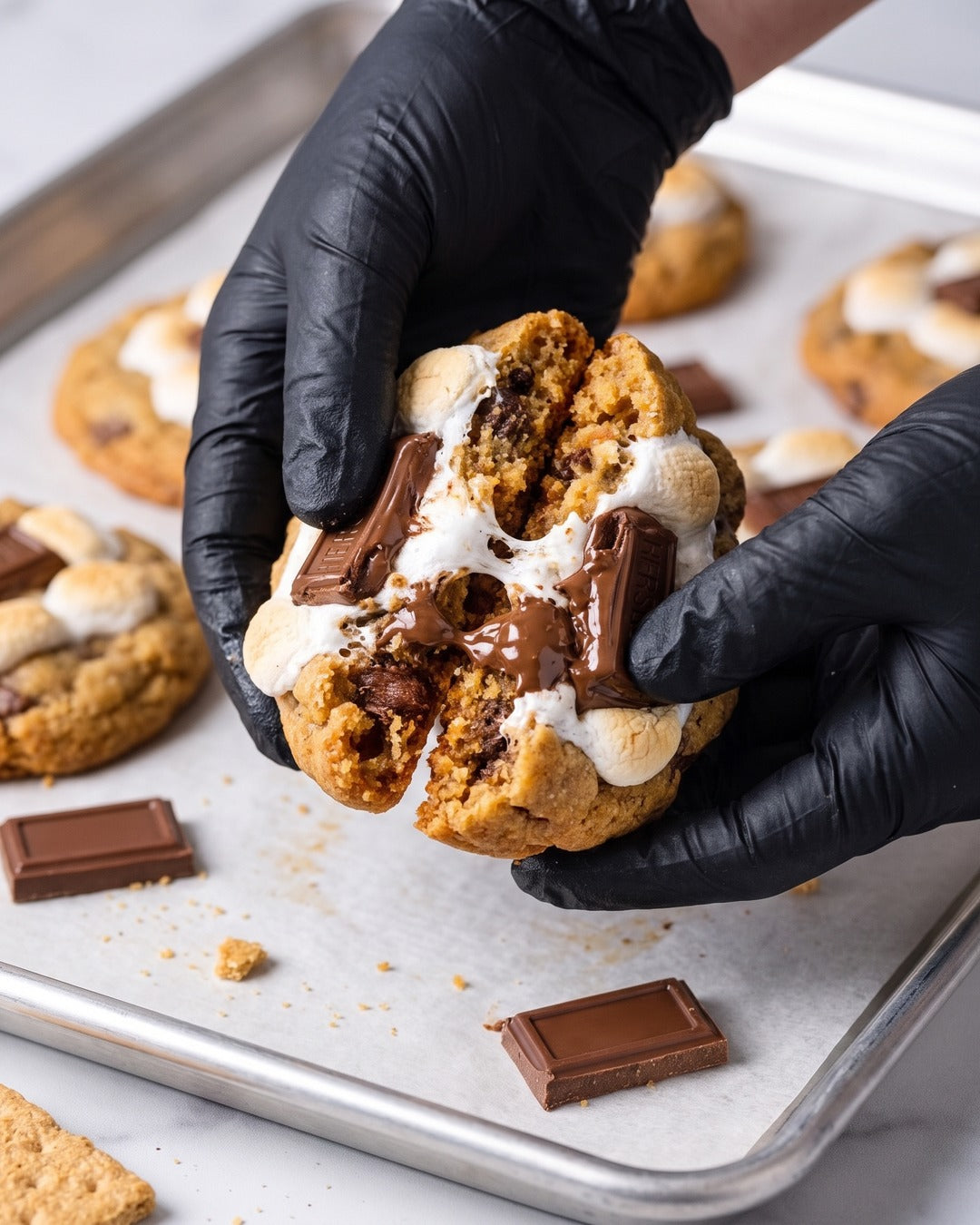 A gloved pair of hands breaking open a warm Campfire S'more cookie over a sheet tray, marshmallow pulling between the halves and milk chocolate melting across the graham-crusted edges