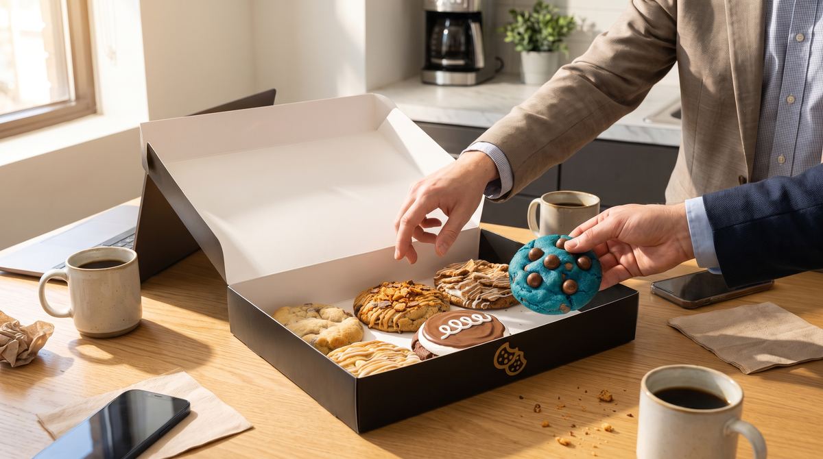 Hands reaching into an open Crave box of cookies on an office break room table with coffee