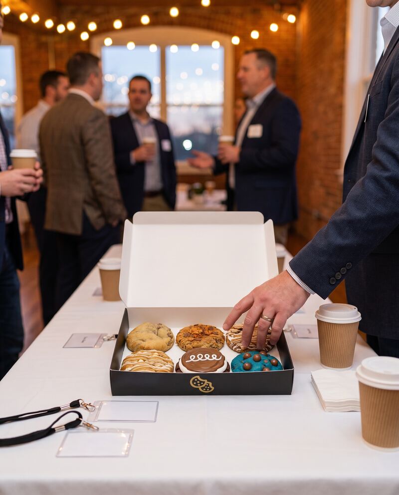 An open Crave box on a table at an evening networking mixer