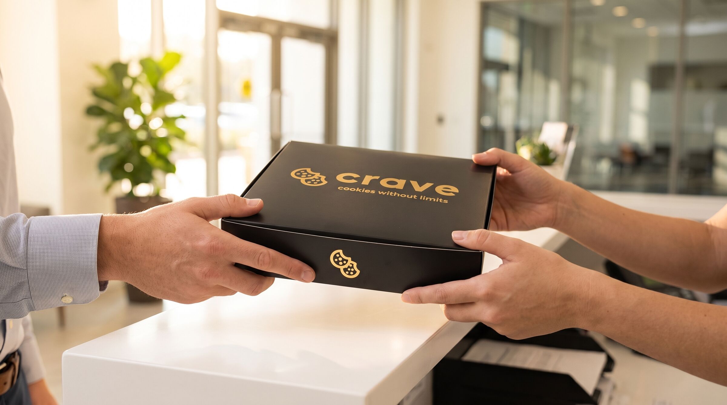 A closed Crave box handed across an office reception counter