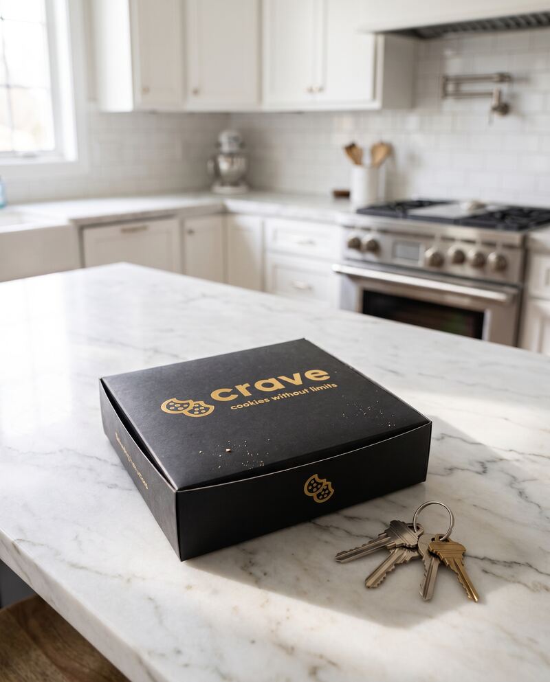 A closed Crave box and house keys on a marble kitchen island