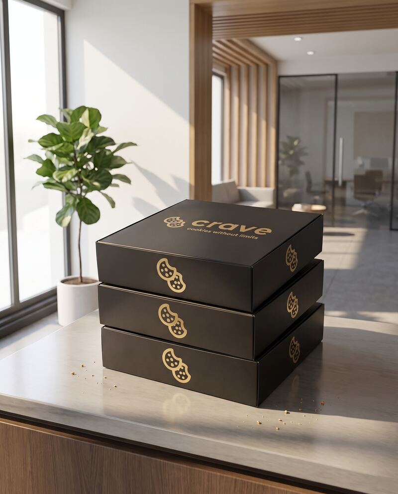 Three closed Crave boxes stacked on a reception desk